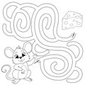 Help mouse find path to chees. Labyrinth. Maze game for kids. Black and white illustration for coloring book Royalty Free Stock Photo